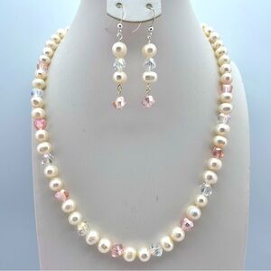 NWOT Stunning Sterling Silver Freshwater Pearl & Crystal Necklace Set